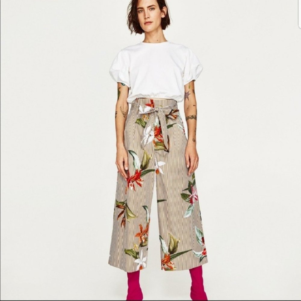 Zara Woman Floral Striped Wide Leg Paperbag Pants
